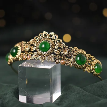 Baroc Retro Pearl Verde De Cristal Roșu Coroana De Aur Nunta Nupțial Bijuterii Vintage, Diademe, Coroane Concurs Rochie Accesorii De Par