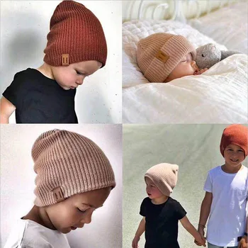 Copil Pălărie Tricot pentru Fete Baieti Toamna Iarna Cald Copii Caciula Copii Adulți Părinte-Copil Pălării Copil Nou-născut Capac cu Eticheta de Piele