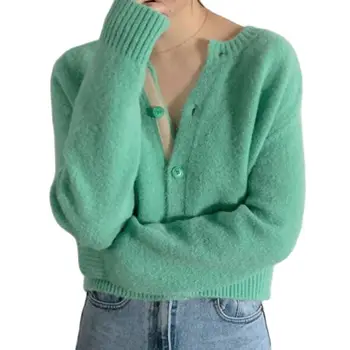 Cardigan Femei Pulover Albastru Verde O-Gât Tricotate 2021 Toamna Solidă Chic Casual Singur Pieptul Vintage Moda De Top Semipalton