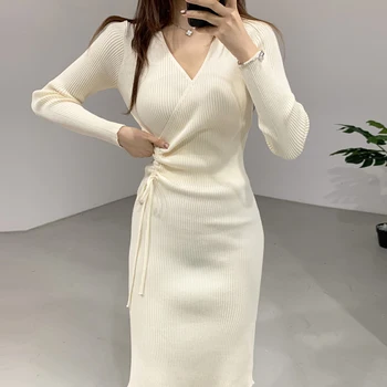 2022 Nou Caise Rochii Haine De Iarna Cald Coreean Vintage Femeie Elegant Pulover Gros Rochie Femei Solide De Toamna Tricotate Haina