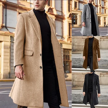 Iarna Cald Formale Haină De Lână Pentru Bărbați Sacou Lung Palton De Moda Trench Cardigan De Culoare Solidă Eticheta De Moda Guler Uza De Sex Masculin 0