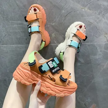 Fujin Indesata Sandale Femei Pantofi de Vara Platforma Toc Gros Catarama Bej Portocaliu Feminin Open Toe Pantofi de Vara pentru Femei