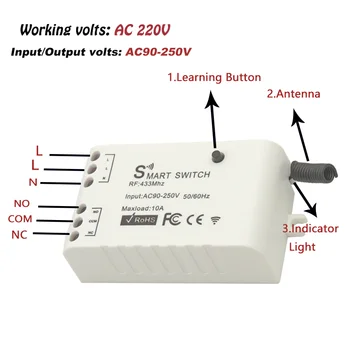 433Mhz Universal Wireless de Control de la Distanță Comutator AC90V-250V 10Amp 1CH RF Releu Receptor Modulului Transmițător pentru LED/Lumina/lampa cu ventilator 0
