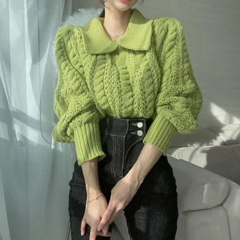 Femei Îmbrăcăminte Coreeană Verde Pulover Tricotat Cu Guler Polo Mâneci Lungi Casual Moda Vintage Simplitate Largi Doamnelor Topuri Toamna