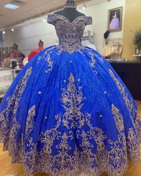 Albastru regal Gold vestidos de 15 ani 2021 Puffy Quinceanera Rochie Roșie Dulce 16 Rochii Off-the-Umăr Timp de Bal Rochie de Sequin
