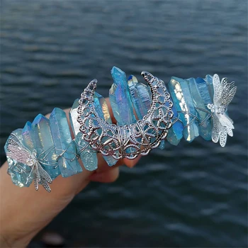 Vrăjitoare Accesorii Bijuterii Libelula Moon Crystal Crown Bentiță Neagră, Articole Pentru Acoperirea Capului Femeilor Etnice Cerc Păr Diadema Handmade Prieten Cadou 0