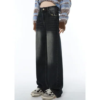 Femei Blugi Albastru Vintage American De Moda Streetwear Stil Fundul Largi Picior Jean De Sex Feminin Și Niște Pantaloni Largi Drepte Pantaloni Denim