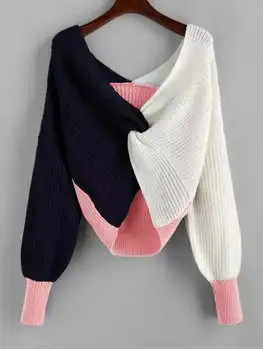 În 2020, Noi Femeile Fata de Toamna Toamna Iarna Batwing Maneca Tricotate pulovere Pulover V Neck mozaic Casual neregulate jachete