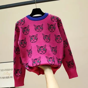 Pistă De Înaltă Calitate De Designer Cat De Imprimare Pulovere Tricotate Pulovere Femei Toamna Iarna Cu Maneca Lunga Harajuku Dulce Jumper