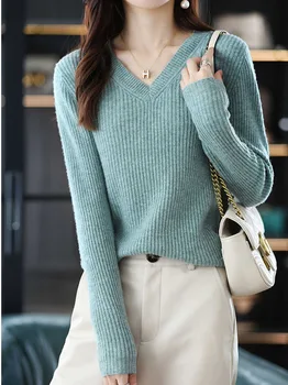 2022 Toamna Iarna Haine Vintage Maneca Lunga Bază Pulover Femei V-Gât Coreeană De Moda Topuri Tricotate Pulovere Vetement Femme