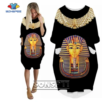 SONSPEE Clasica Piramidă Egipteană Sfinxul 3D Imprimate Harajuku Rochie cu Maneci Lungi, Buzunare Fusta Liber Supradimensionat Casual Streetwear