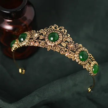 Baroc Retro Pearl Verde De Cristal Roșu Coroana De Aur Nunta Nupțial Bijuterii Vintage, Diademe, Coroane Concurs Rochie Accesorii De Par 1