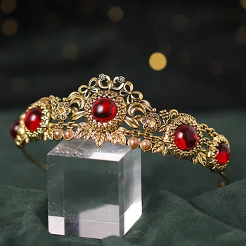 Baroc Retro Pearl Verde De Cristal Roșu Coroana De Aur Nunta Nupțial Bijuterii Vintage, Diademe, Coroane Concurs Rochie Accesorii De Par 2