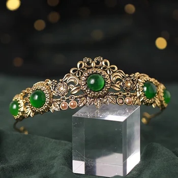 Baroc Retro Pearl Verde De Cristal Roșu Coroana De Aur Nunta Nupțial Bijuterii Vintage, Diademe, Coroane Concurs Rochie Accesorii De Par 5