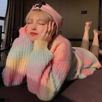 Japoneze Kawaii Lolita Curcubeu Pulover Femei Dulce Coreean Chic Complet Maneca Pulover Tricotat Feminin Drăguț Tricotat Pulover Haina 202