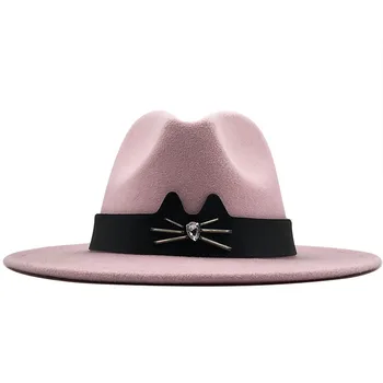 Clasic Vintage Margine Largă Pălării Fedora Pentru Bărbați Și Femei, Cu Model De Pisica Design Formale Panama Capac Rochie-Palarie De Cowboy De Toamna Si Iarna