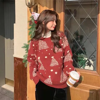 Pulover 2022 coreean gât rotund cu mâneci lungi fulg de nea Crăciun Anul Nou pulover feminin îngroșat extern cald pulover