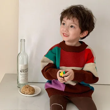 2022 Toamna Iarna Nou Copil De Modă Culori Contrastante Tricotat Pulover Pulover Copii Fată Băiat Pierde Bumbac Topuri Cu Maneci Lungi