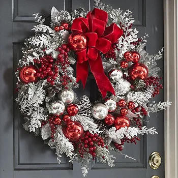 Coroană de crăciun pentru Ușa de la intrare Ușa de Crăciun Coroană Bilă Roșie Ornamente pentru Ferestre, Uși, Manta Interioară în aer liber de Crăciun Decorat