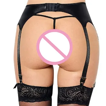 Nouă Femei Sex Negru Metalic Faux din Piele Latex Jartieră Centura Jartieră Set Cu G string Pantalon Pentru Ciorapi Lenjerie Clubwear