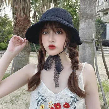 Florale Găleată Pălărie cu Panglică Femei Retro Dantelă Margine Largă Capota Negru Vizor de Moda de Vară Soarele Capac Pălărie Pescar Lolita Gorras
