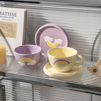 Creative Pictate manual Curcubeu Ceașcă Cu Farfurie Galben Violet Ceramice Zâmbet de Floare Cești și Farfurioare Set Pentru Cafea, Ceai, Tacamuri