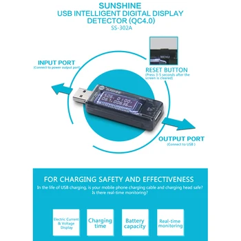 SUNSHINE Digital Inteligent de Afișare Tester SS-302A Curent și Tensiune Tester de Încărcare USB Tester (QC4.0) 0