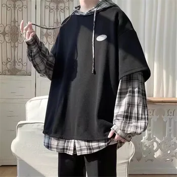 Emo Streetwear Epocă Hanorac Femei Supradimensionat Tricou Maneca Lunga Mozaic Pulovere Coreean Zână Grunge Carouri Hoody Haine