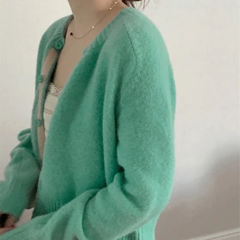 Cardigan Femei Pulover Albastru Verde O-Gât Tricotate 2021 Toamna Solidă Chic Casual Singur Pieptul Vintage Moda De Top Semipalton 1