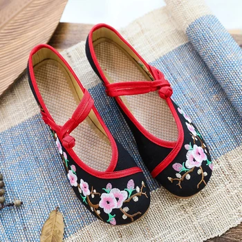Veowalk Floare de Prune Broderie Femei Tesatura de Bumbac Balerini Glezna Curea Stil Chinezesc Brodate Pantofi Plat pentru Femei