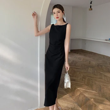 Vara Slash Gâtului Fără Mâneci Elegant Spaghete Curea Rochie Pentru Femei 2022 Colecta Talie Hepburn Stil Midi Rochii Haina Noua