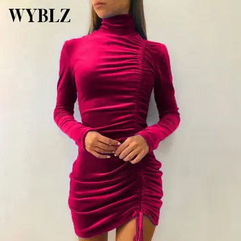 WYBLZ 2022 Primăvară Rochie de Moda pentru Femei de Aur Cordon de Catifea de Înaltă Gât Rochie Bodycon Folie de Hip Rochie de Petrecere Rochii Mini de sex Feminin