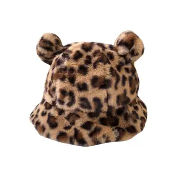 Moda Unisex Găleată Pălărie Drăguț Urs Ureche Mingea Îngroșat Cald de Toamna Iarna Leopard de Imprimare Minge de Plus Capac pentru Bazinul în aer liber