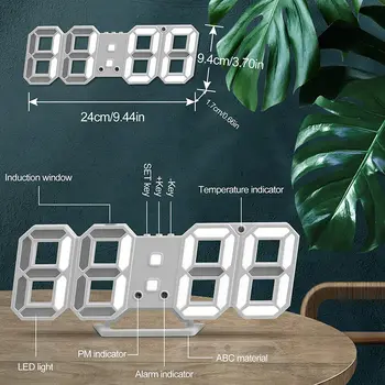 Ceas Electronic 3D LED Ceas de Perete Ceas de Masa 9.7 Inch 12/24 Hr Ora/Data/Temperatura de Afișare Decorative Luminozitate Reglabilă