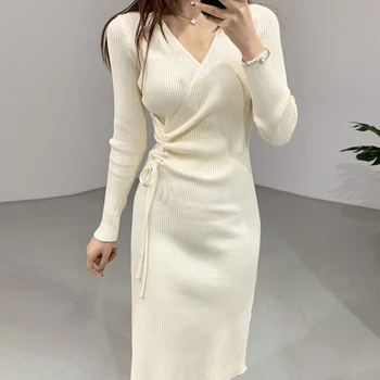 2022 Nou Caise Rochii Haine De Iarna Cald Coreean Vintage Femeie Elegant Pulover Gros Rochie Femei Solide De Toamna Tricotate Haina 1