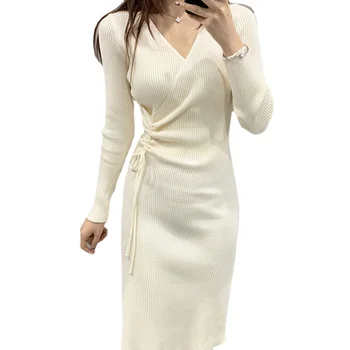 2022 Nou Caise Rochii Haine De Iarna Cald Coreean Vintage Femeie Elegant Pulover Gros Rochie Femei Solide De Toamna Tricotate Haina 3
