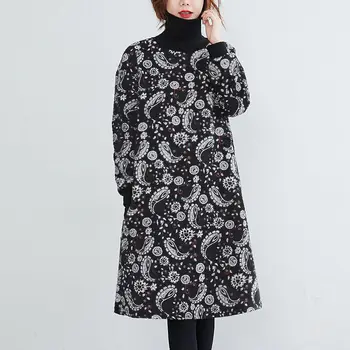 2022 Toamna Iarna Guler Vintage Rochie Midi de Îmbrăcăminte pentru Femei de Moda Liber Maneca Lunga Elegante Folk Gros Rochii Imprimate 2