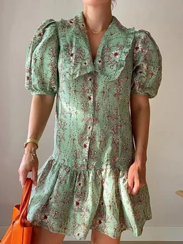 Vara Francez De Moda Elegant Rochie Pentru Femei Verde Romantic Imprimare Papusa Guler Puff Maneca Scurta Rochie Mini Halat Doamnelor