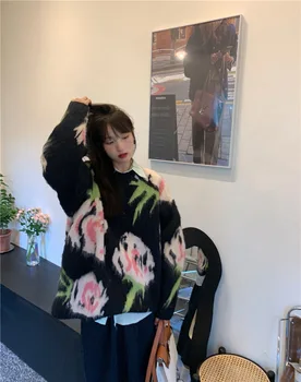 Toamna Și Iarna 2022 Nou Japonez Retro Liber Uzură Exterioare de Acoperire Mid-lungime Rotund Gat Imprimate Pulover Tricotate Femei