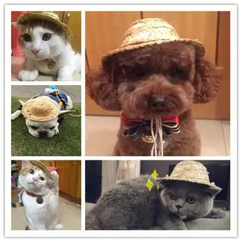 Mini Animale De Companie Pisici Pălărie De Paie Pentru Animale De Companie Caini Pălărie De Paie Reglabil Petrecere Pe Plajă, Pălării De Paie Vara Palarie De Soare Costum Accesoriu Pentru Caini Si Pisici 0