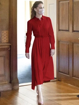 Printesa Kate Nou Designer de Moda Toamna de Înaltă Calitate Femei de Epocă Elegant, Casual, Birou de Partid Camasa cu Maneca Lunga Rochie Midi 2