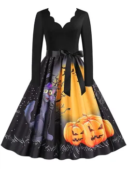 Femeile Petrecere De Halloween Rochie Cu Maneci Lungi V-Neck Vintage Casual Cu Talie Înaltă Costum Midi Sundress Vestidos