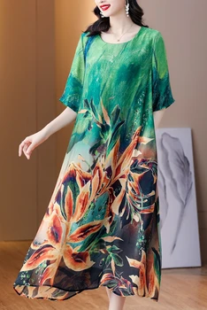 2022 Noi De Imprimare Mătase De Dud Mid-Lungime Rochie Femei De Moda Noua Lumina O-Gât Rochie Sexy De Vara Coreean Rochie Eleganta