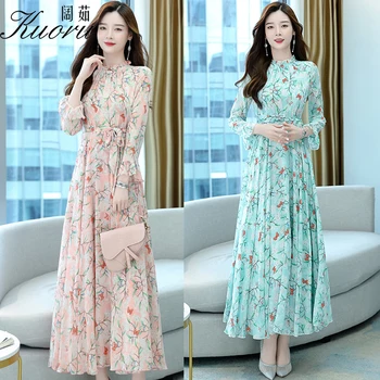 Midi Vestidos De Mujer Casual Cu Maneci Lungi Șifon Dress Ropa Verano 2022 Albastru Elegant Floral Rochii Femei, Tunici Coreean Fiesta