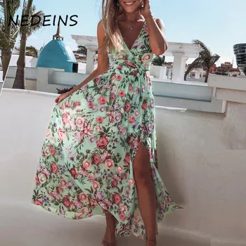 NEDEINS Vara Femei Print V Gât Split Maxi Rochie Floral Curea de Spaghete Partid Șifon Elegant Casual, Rochii de Plajă