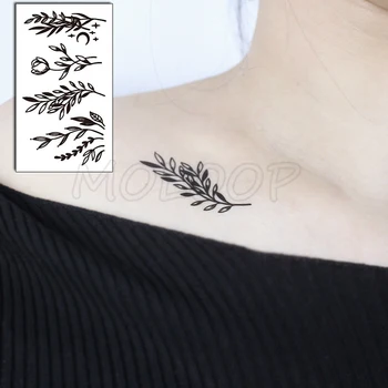 Tatuaj temporar Autocolant Impermeabil Luna Planta cu Flori Mici, Element AdultsBody Art Design Tatuaje False pentru Femei Copii 10.5X6cm