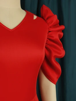Femei elegante Midi Red Rochii Formale Partid Modest Smocked Puff Maneca Rochie Strâmtă pentru Afaceri Seară, Club de noapte Mare Dimensiunea Rochie