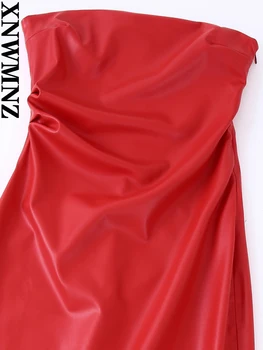 XNWMNZ Femei de Moda Roșu Faux din Piele PU Strapless Ruched Midi Rochie de Petrecere Direct pe Gât, pe Spate Fantă de sex Feminin Rochii de Mujer