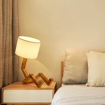 Lemn LED Lămpi de Masă cu Robot Forma E27 Diy Moderne de Birou Lămpi de Masă pentru Salon Interior Dormitor Studiu Lumina de Noapte Decor Acasă