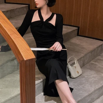 Sexy Tricotate Rochie Lunga pentru Femei-coreean singură Bucată Elegant de Gât Ștreangul Rochie Gotica Casual Vintage Y2K Petrecere de Seara Rochie de Toamna 0
